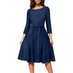 NEW Blue Cocktail Sparkle Vintage Wedding Guest 3/4 Sleeves Dress 2X NO BELT